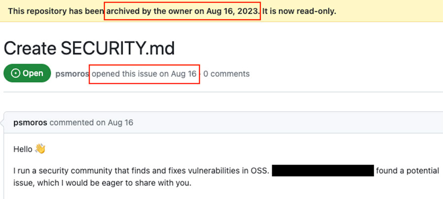 A vulnerability reported that the maintainer decided to archive as a response at the same day