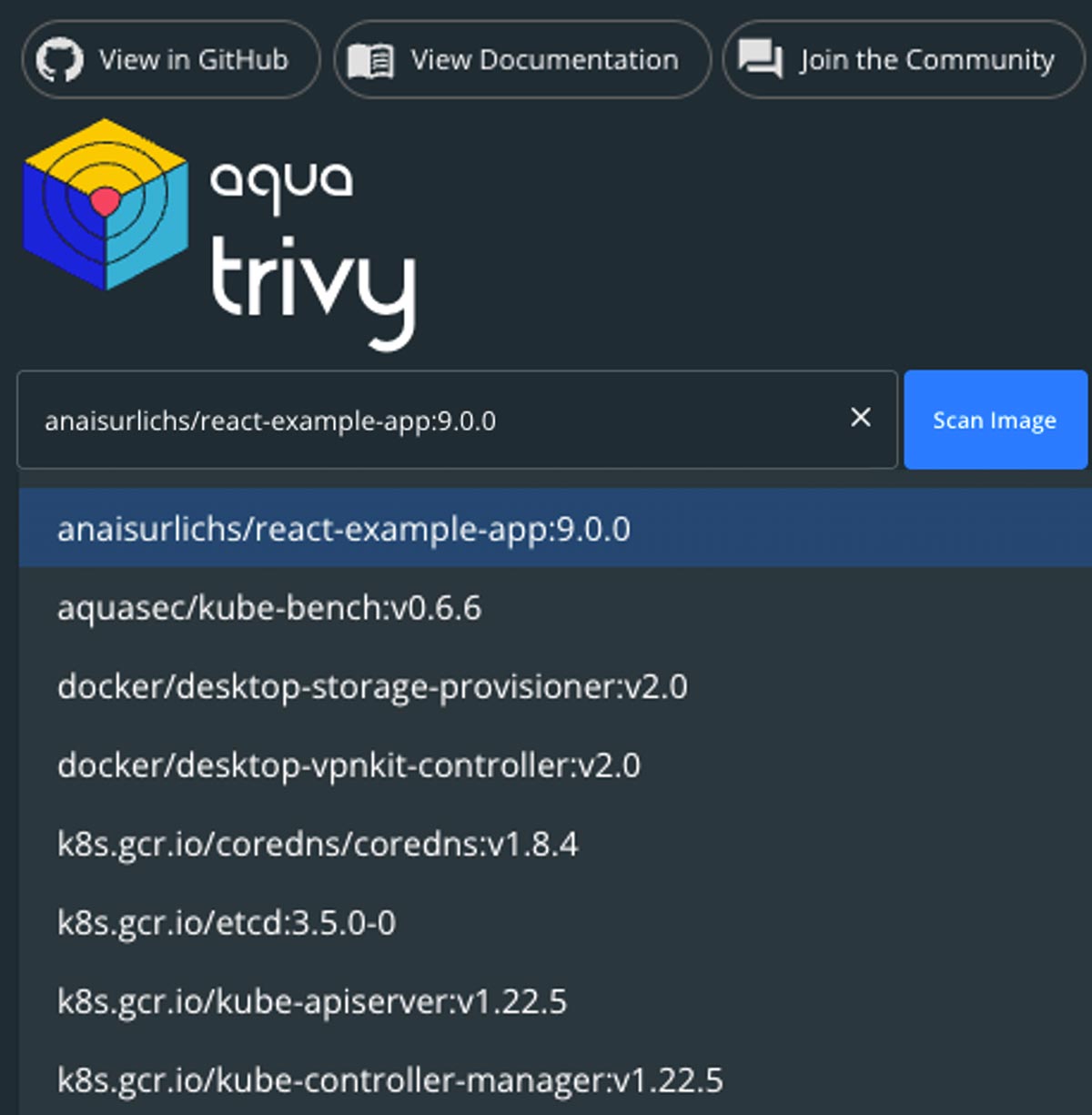 Select container image to scan for vulnerabilities from your local images