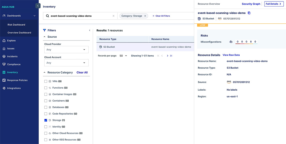 Newly created S3 bucket and its misconfigurations shown in Inventory