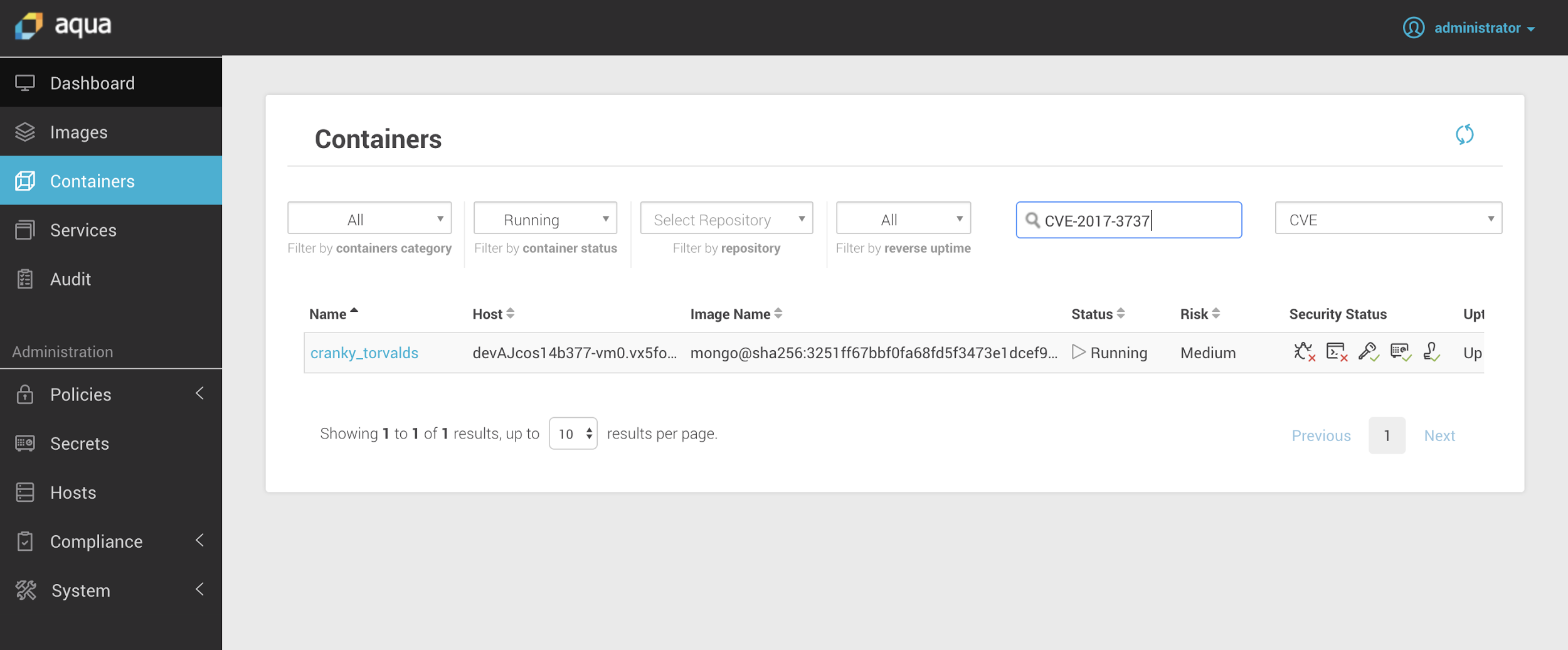 Containers with a particular CVE 