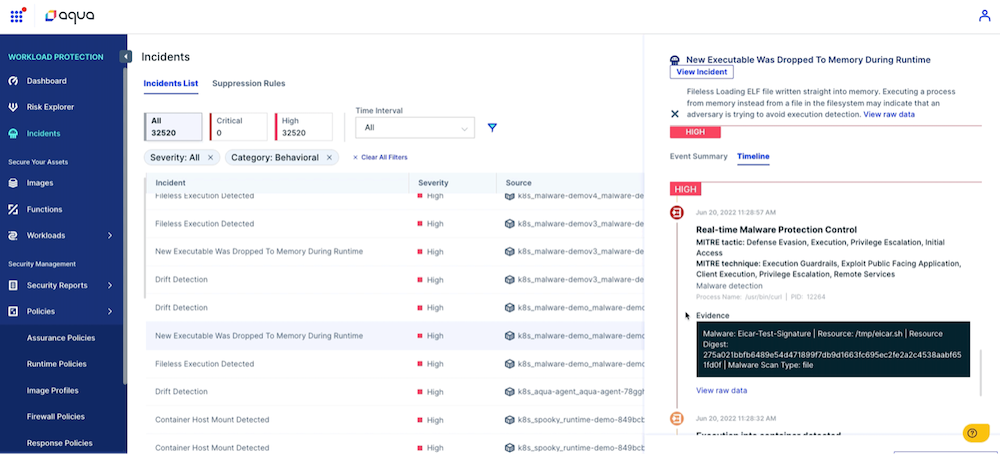 Screenshot of Aqua platform Incidents dashboard indicating Detection and Response to fileless malware