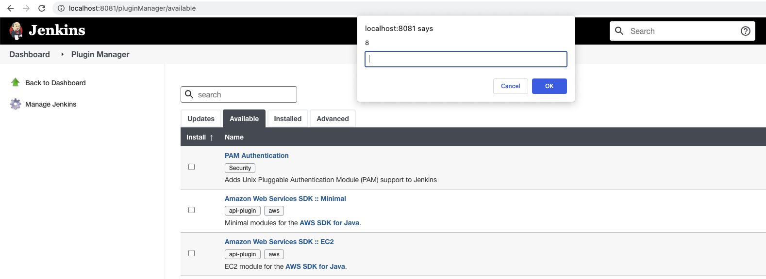  Image of XSS triggered on the local Jenkins Server available plugins page